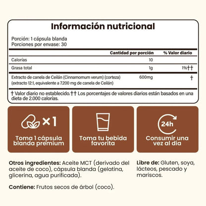 Canela de Ceylon 7200mg con Aceite MCT
